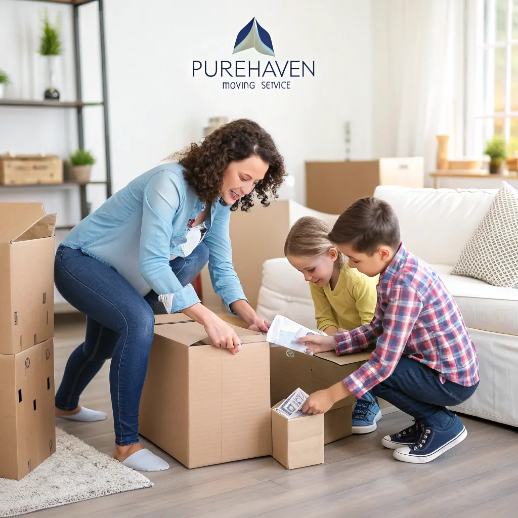 A family organizing their belongings with PUREHAVEN moving service